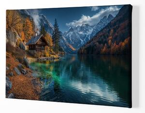 Obraz na plátně - Podzimní ráno v chatce u jezera FeelHappy.cz Velikost obrazu: 120 x 80 cm