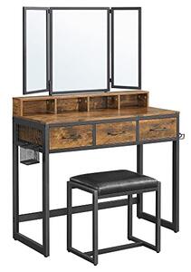 Vasagle Toaletní kosmetický stolek se zrcadlem a taburetem, rustikální hnědá, černá