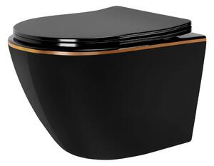 REA - Závěsná WC mísa včetně sedátka Carlo Mini Flat černá/zlatý proužek + sedátko duraplast REA-C8800