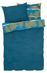 LIVARNO home Saténové ložní povlečení, 220 x 240 cm, 70 x 90 cm (pruhy / listy modrá) (100350813004)
