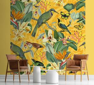 Fototapeta Žlutý abstraktní ptáci na zelené větvi - Andrea Haase Materiál: Vliesová, Rozměry: 100 x 100 cm