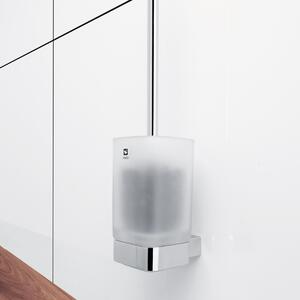 WC štětka chrom a matné bílé sklo, černý kartáč, nízká hranatá nádobka průsvitná na zeď NIMCO KIBO Ki 14094CN-26