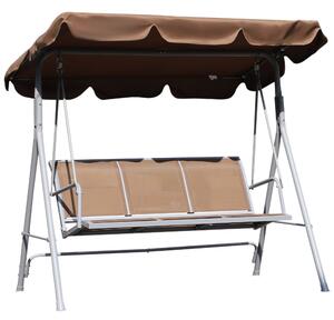 Závěsné křeslo Outsunny pro 3 osoby s nastavitelnou stříškou, prodyšné opěradlo a kovový rám na terasu, balkon, nosnost 240 kg, 171x108x154 cm, hnědé