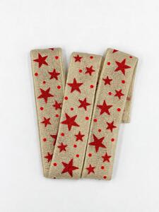 Stuha vánoční ADVENTNÍ HVĚZDY šedá s červenými glitrovými hvězdami 25mm x 2m