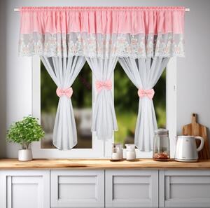 Dekorační krátká záclona s ozdobnou lambrekýnou s krajkou s řasící páskou FRANCIS bílá/růžová 400x150 cm MyBestHome
