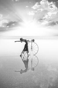 Fotografie Ballerina dancing with old bicycle on the lake, 101cats, (26.7 x 40 cm)