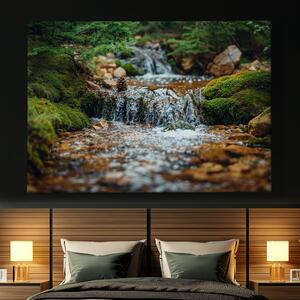 Obraz na plátně - Malý vodopád s šiškou a mechem FeelHappy.cz Velikost obrazu: 40 x 30 cm