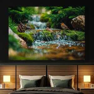 Obraz na plátně - Mechový vodopád s ptáčkem FeelHappy.cz Velikost obrazu: 90 x 60 cm