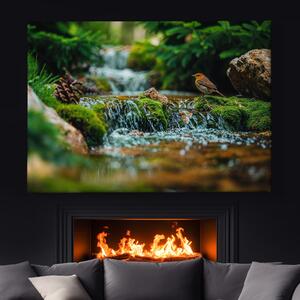 Obraz na plátně - Mechový vodopád s ptáčkem FeelHappy.cz Velikost obrazu: 210 x 140 cm