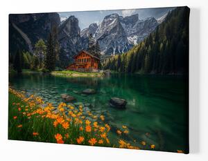 Obraz na plátně - Rozkvetlá louka u jezera s chatou FeelHappy.cz Velikost obrazu: 210 x 140 cm