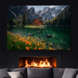 Obraz na plátně - Rozkvetlá louka u jezera s chatou FeelHappy.cz Velikost obrazu: 150 x 100 cm