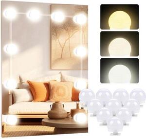 LED zrcadla světla Hollywood, 10 stmívaná LED světla, 3 barvy, make-up světla, holičské stolní lampy, zrcadlové lampy pro kosmetické zrcadlo, šatní stůl / koupelnové zrcadlo