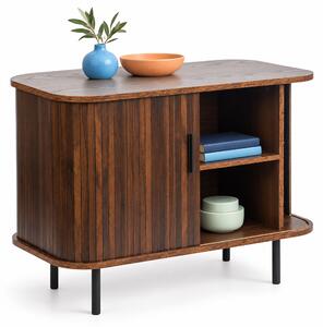 Komoda Relaxdays, s posuvnými dvířky, rozměry (v x š x h): 60 x 80 x 40 cm, 4 přihrádky, materiál: MDF, kov, vhodná do kuchyně nebo obývacího pokoje, barva: tmavě hnědá/černá