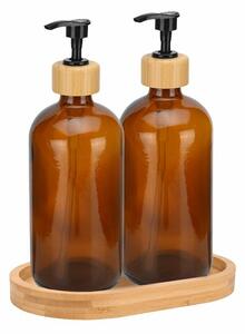 Dávkovač saponátu a mýdla Dallas, hnědá/s černými a dřevěnými prvky, 500 ml, sada 2 ks