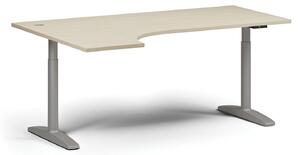 Výškově nastavitelný stůl OBOL, elektrický, 675-1325 mm, rohový levý, deska 1800x1200 mm, šedá zaoblená podnož, bříza