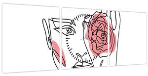 Obraz - Line art obličej s růží (s hodinami) (90x30 cm)
