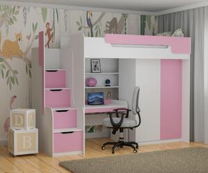 Vyvýšená postel DORY I včetně úložného prostoru, psacího stolu, šatní skříně a police (Růžová)