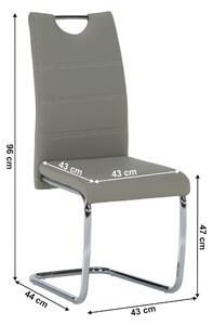 Jídelní židle potažená světle šedou ekokůží se zdobným prošitím na opěradle a chromovou moderně tvarovanou podstavou TK182