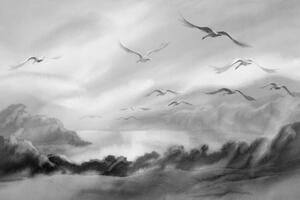 Tapeta ptáci na obloze v černobílém provedení - 150x100 cm