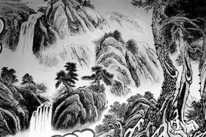 Tapeta černobílá čínská krajinomalba - 150x100 cm