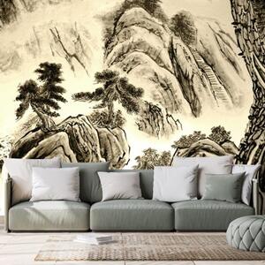 Tapeta sépiová čínská krajinomalba - 300x200 cm