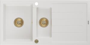 MEXEN/S - Andres granitový dřez s odkapávačem 1000 x 500 mm, bílá, zlatý sifon 6515101510-20-G