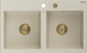 MEXEN/S - Hektor granitový dřez 2-bowl 800 x 480 mm, béžová, zlatý sifon 6521802000-69-G