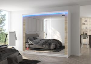 Velká zrcadlová skříň 250 cm s LED osvětlením CALRA - bílá / dub sonoma