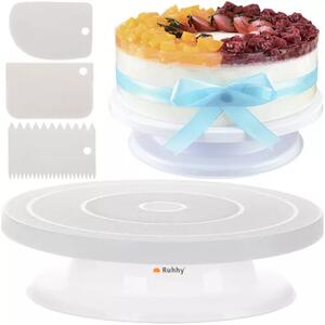 Ruhhy Otočný talíř pro zdobení dortu s 3 špachtlami, bílý, plast, průměr 28 cm