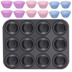 Ruhhy Teflonový plech na pečení muffinů s 12 silikonovými formami, grafitová barva, rozměry 35 x 26,5 x 3 cm