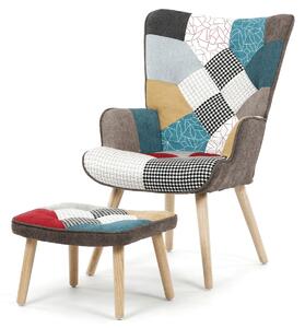 Vikio Křeslo ušák s podnožkou potah patchwork látka AKR120BPW