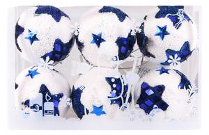 Vánoční ozdoby koule 60 mm 6 ks - bílé s modrou hvězdou