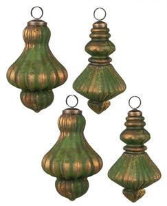 Set 4 skleněných vánočních cetek zeleno-zlatá ozdoba ve tvaru zvonečku s proužky – 9/8 cm