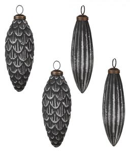 Set 4 skleněných vánočních cetek šedá ozdoba s proužky ve tvaru diamantu – 7/6 cm