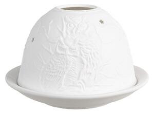 Bílý porcelánový svícen na čajovou svíčku se sovami ve větvích stromů – 12x8 cm