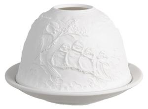 Bílý porcelánový svícen na čajovou svíčku s ptačí rodinkou a kytičkami – 12x8 cm
