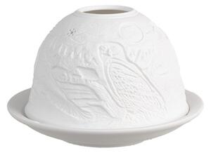 Bílý porcelánový svícen na čajovou svíčku s noční oblohou se sovou – 12x8 cm