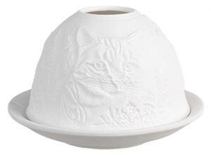 Bílý porcelánový svícen na čajovou svíčku kočka s květinami – 12x8 cm