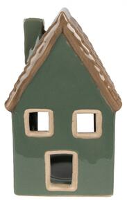 Zelený keramický svícen na čajovou svíčku ve tvaru domečku s hnědou střechou – 15 cm