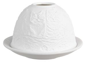 Bílý porcelánový svícen na čajovou svíčku koťátka v košíku – 12x8 cm