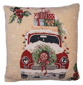 Béžovo-červený vánoční povlak na polštář retro auto s dárky – 44x44 cm