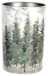 Šedý skleněný svícen zelené jehličnaté stromky – 12x25 cm