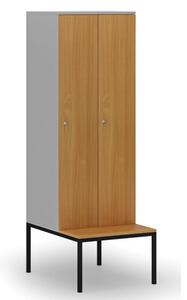 Dřevěná šatní skříňka s lavičkou, 2 oddíly, cylindrický zámek, šedá/buk