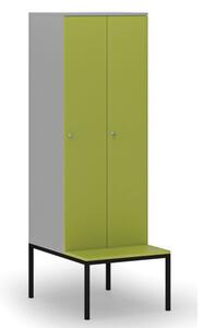 Dřevěná šatní skříňka s lavičkou, 2 oddíly, cylindrický zámek, šedá/zelená