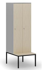 Dřevěná šatní skříňka s lavičkou, 2 oddíly, cylindrický zámek, šedá/bříza