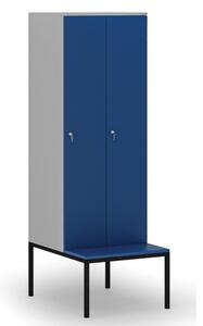 Dřevěná šatní skříňka s lavičkou, 2 oddíly, cylindrický zámek, šedá/modrá