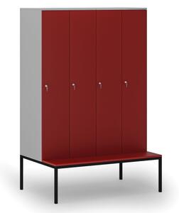 Dřevěná šatní skříňka s lavičkou, 4 oddíly, cylindrický zámek, šedá/červená