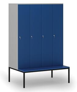 Dřevěná šatní skříňka s lavičkou, 4 oddíly, cylindrický zámek, šedá/modrá