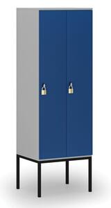 Dřevěná šatní skříňka s podnoží, 2 oddíly, otočný zámek, šedá/modrá