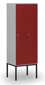 Dřevěná šatní skříňka s podnoží, 2 oddíly, cylindrický zámek, šedá/červená